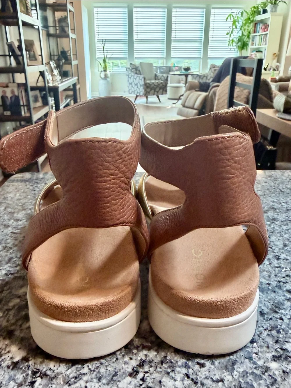 Vionic Gold Crisscross Sandals with Tan Ankle Strap